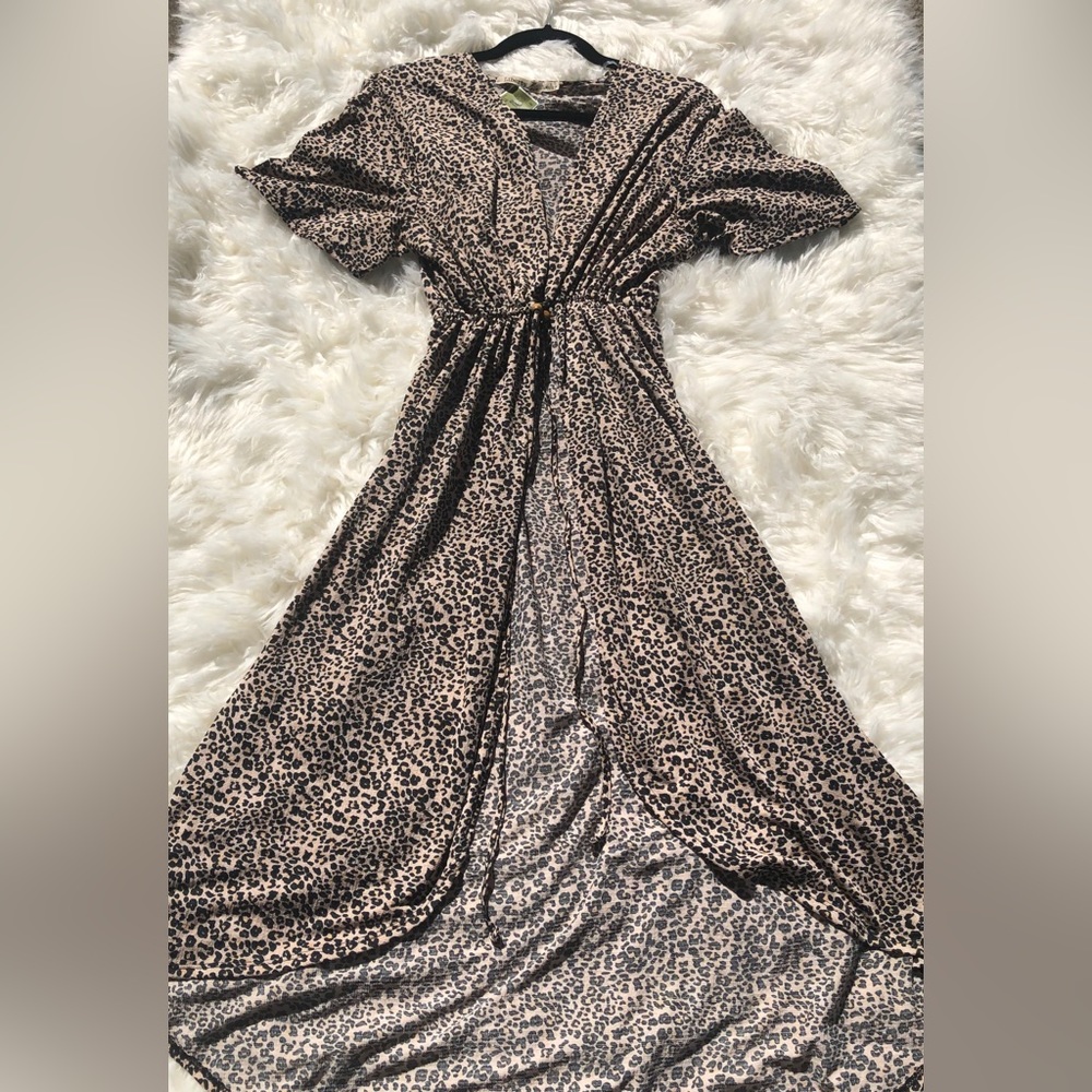 Liberty Love Womens Wrap Maxi Dress Size Large Leopard Print Short Sleeve